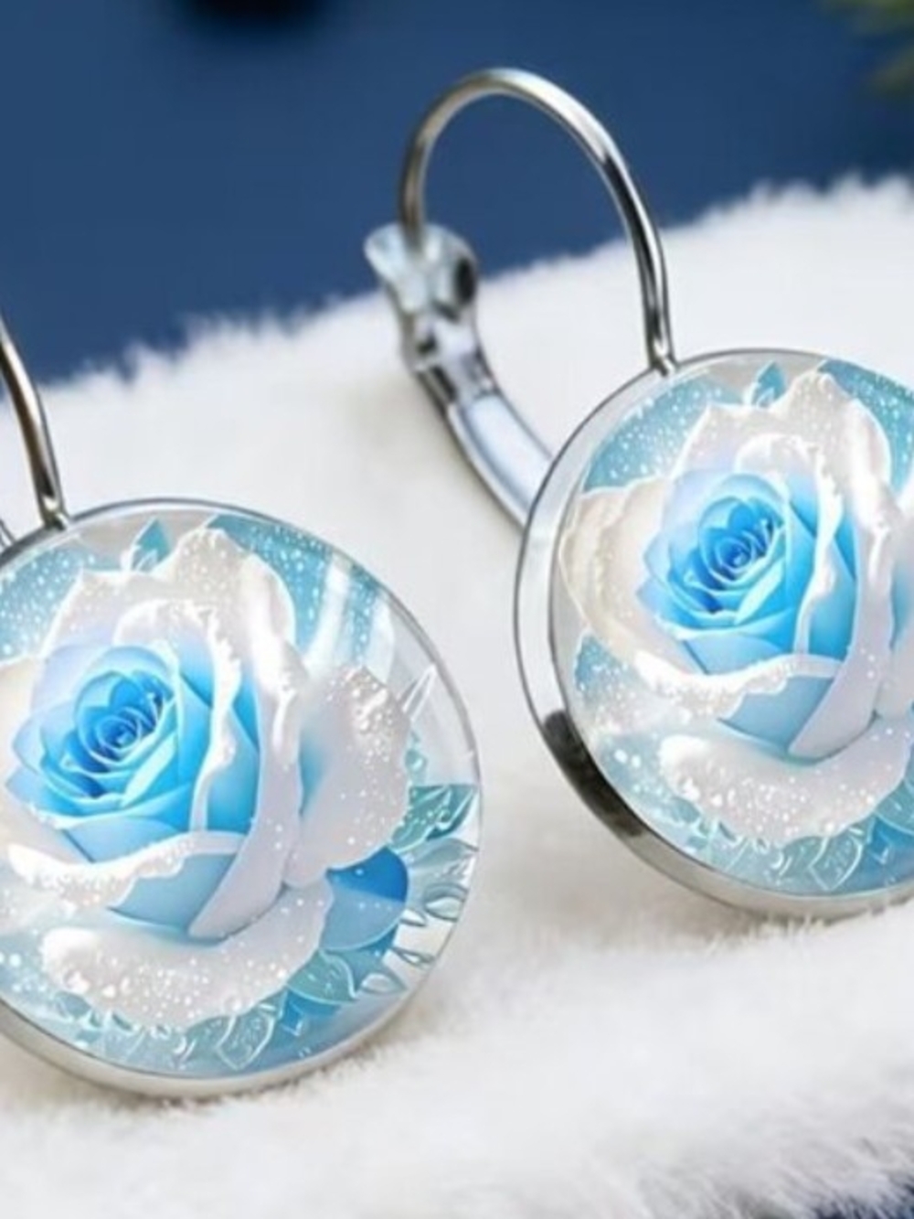 Blue Rose Glass Drop Earrings - Elegant Floral Jewelry